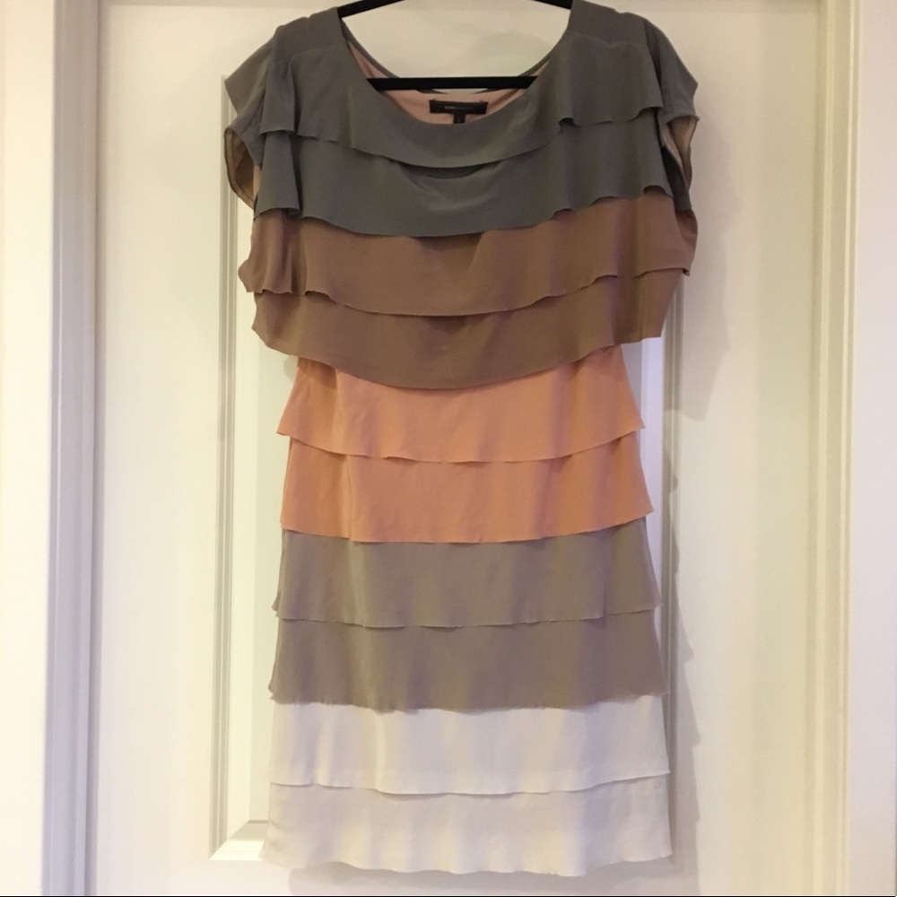 BCBGMaxAzria Tiered Dress | size small | soft neutral pastel colors cascading